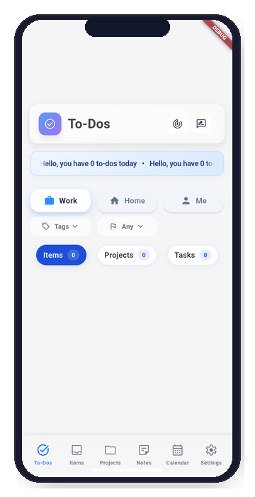 Priotrix app interface showing data overview, Work/Home/Me categories, and todo list